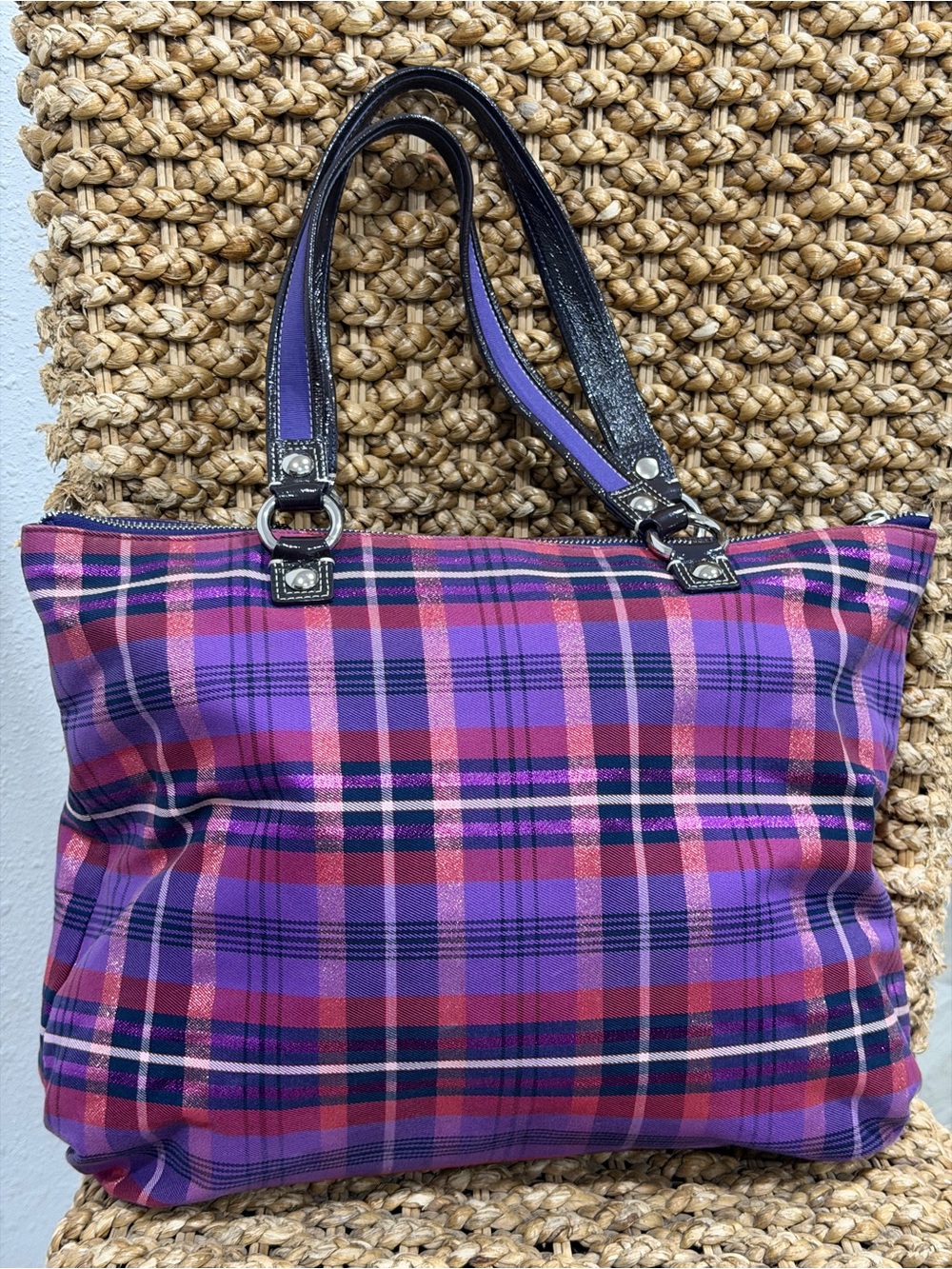 Coach Poppy Tartan Plaid Glam Tote Bag - Picture 2 of 11